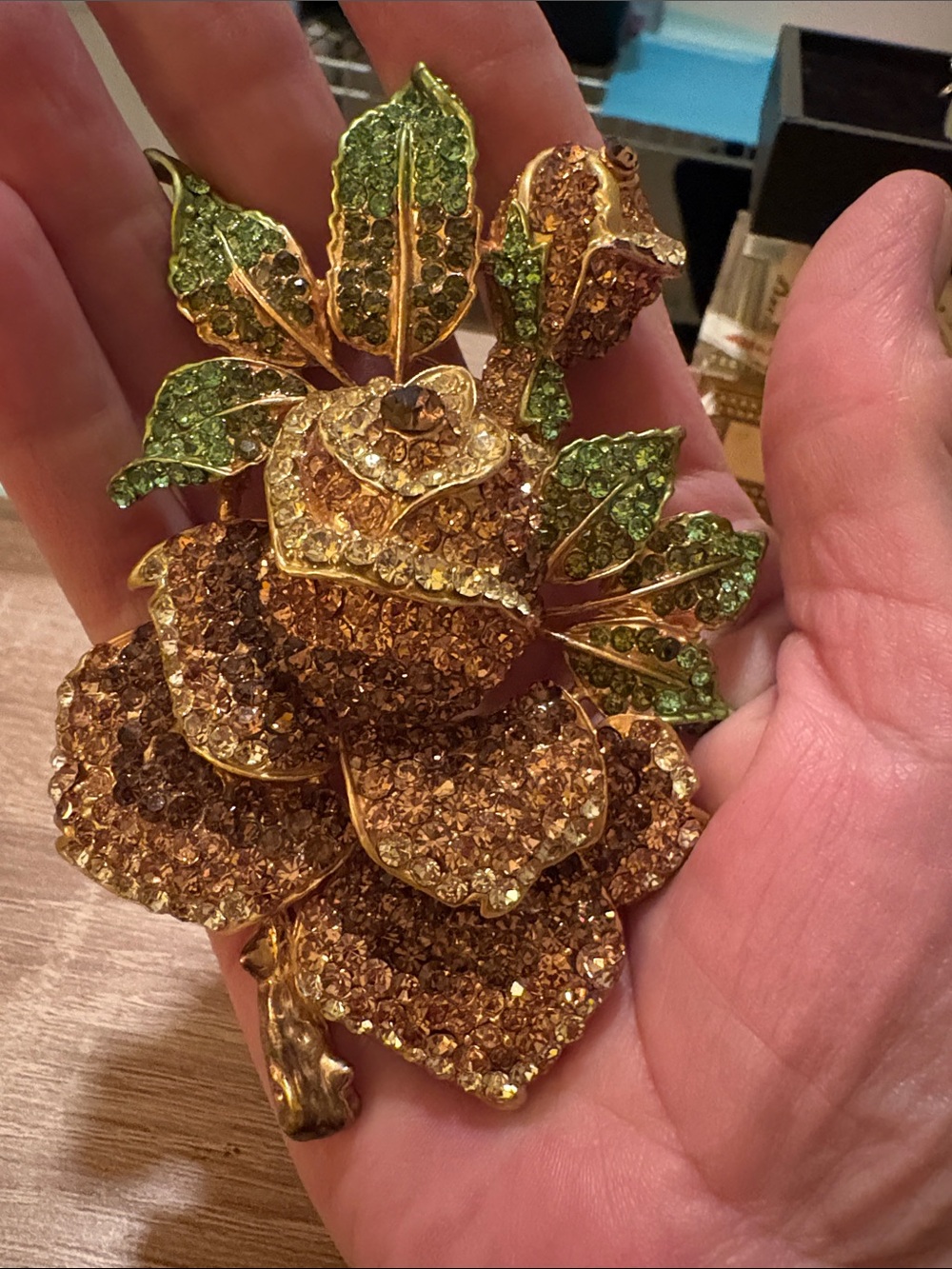 Extra large vintage roses and rhinestones double pin brooch